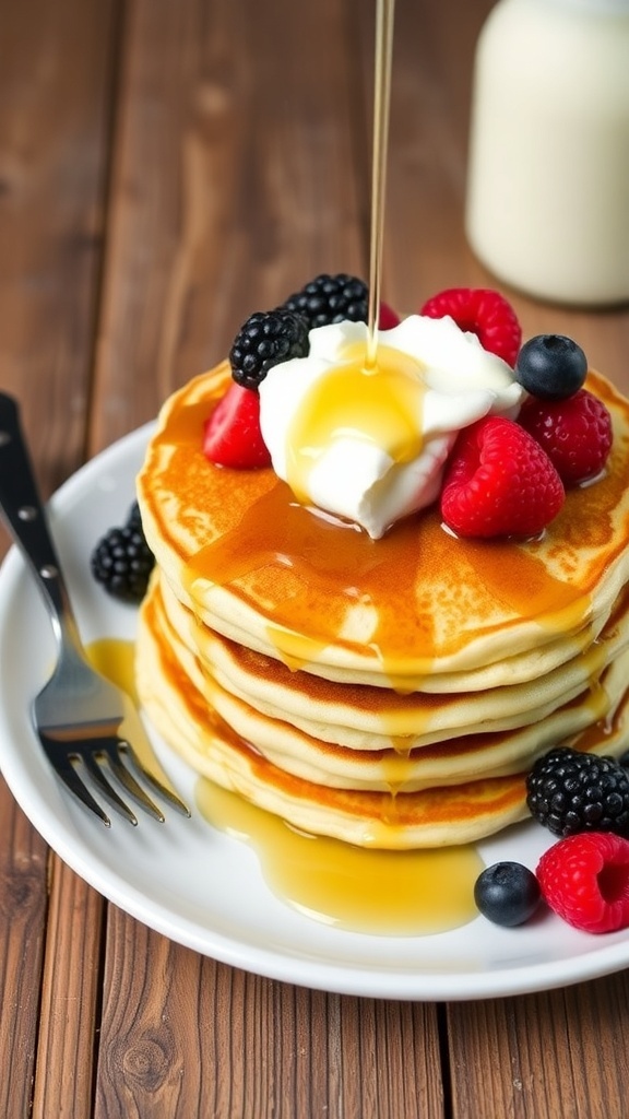 Fluffy low carb pancakes topped with berries and whipped cream on a rustic wooden table.
